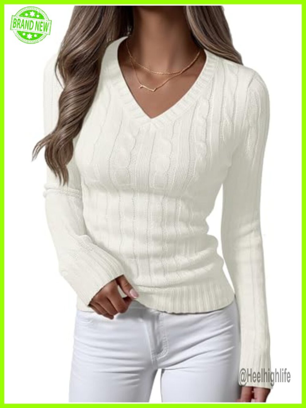 Cable Knit V Neck Long Sleeve Fitted Pullover Sweater Top